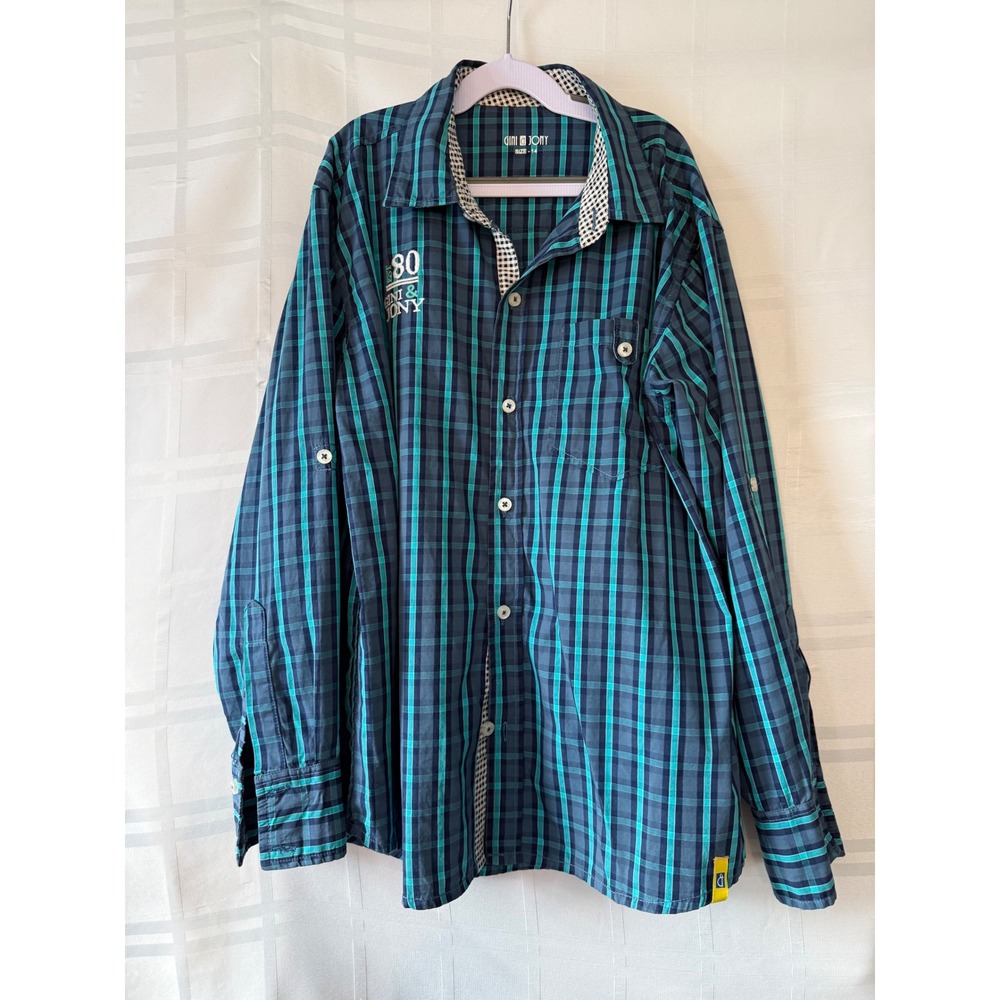Gini & Jony Boys Teal Navy Blue Plaid Roll Tab Button Down Shirt Size 14